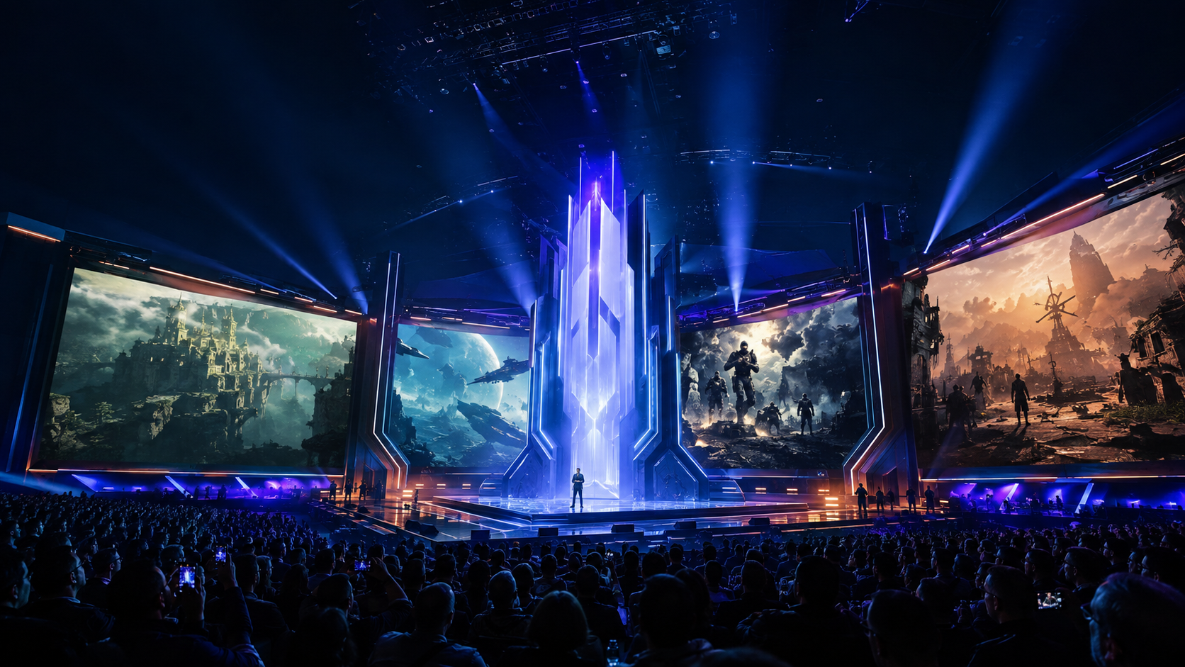 Futurystyczna scena wielkiego pokazu gier symbolizująca Gamescom Opening Night Live 2026