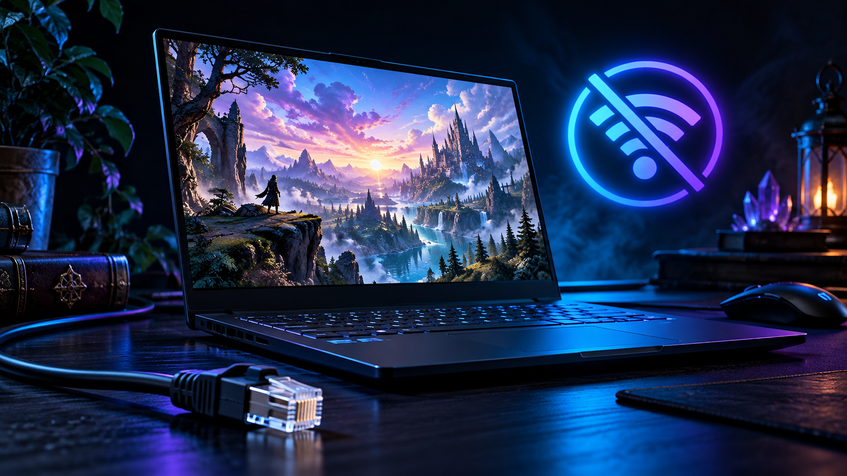 Laptop z uruchomioną grą, odłączony kabel Ethernet i symbol braku Wi-Fi